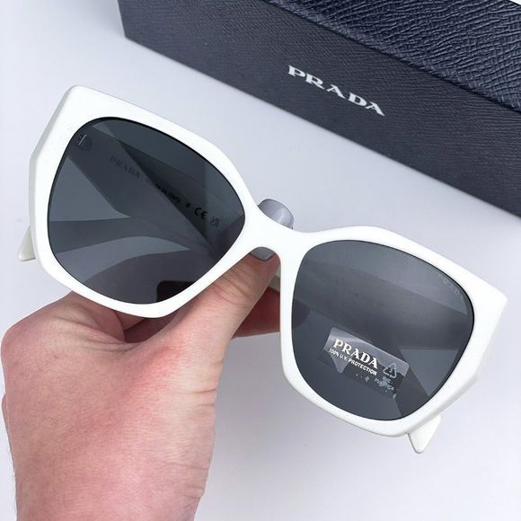 Prada PR19ZS 1425S0 Sunglasses Talc White Dark Grey Rectangle Women - Picture 2 of 11